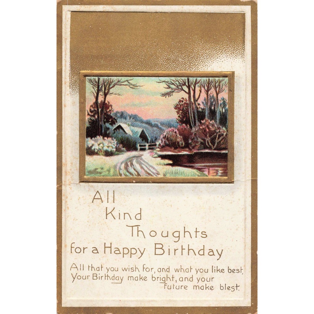 Vintage 1917 Birthday Postcard Winter Landscape Scene Cottage Greeting VG-